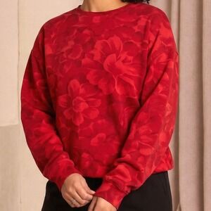 Athleta Floral Sweatshirt Women Small Tall Red Excellent Jacquard Crewneck